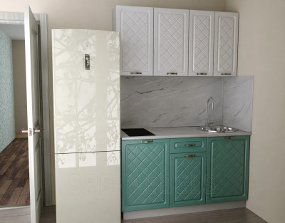 Маленькая кухня Айвори 1.4м белое дерево/дуб бирюза для студии