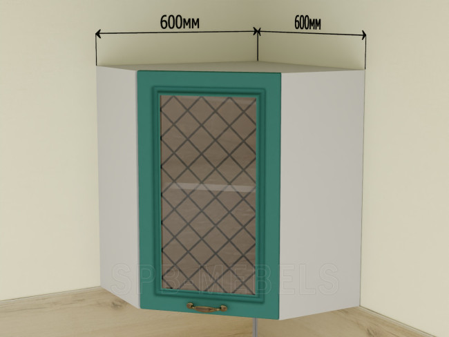 ШВУС59 Дуб бирюза — верхний угловой шкаф со стеклом 60х60 см в гарнитуре Айвори ШВУС59 Дуб бирюза — верхний угловой шкаф со стеклом 60х60 см в гарнитуре Айвори