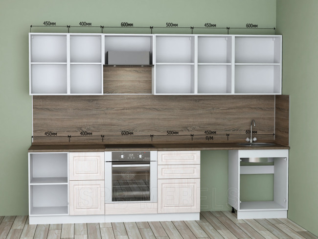 Кухня Юлия в интерьере — прямая планировка, вид спереди, внутреннее наполнение шкафов.