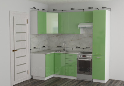 Кухня Техно зеленый глянец Эвкалипт угловая 1.1х2.3м проект-2158