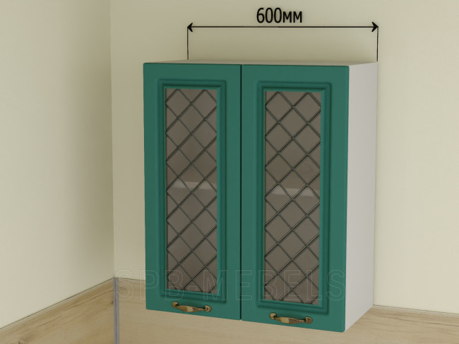 ШВС60 Дуб бирюза — верхний шкаф 60 см со стеклянными дверцами в гарнитуре Айвори