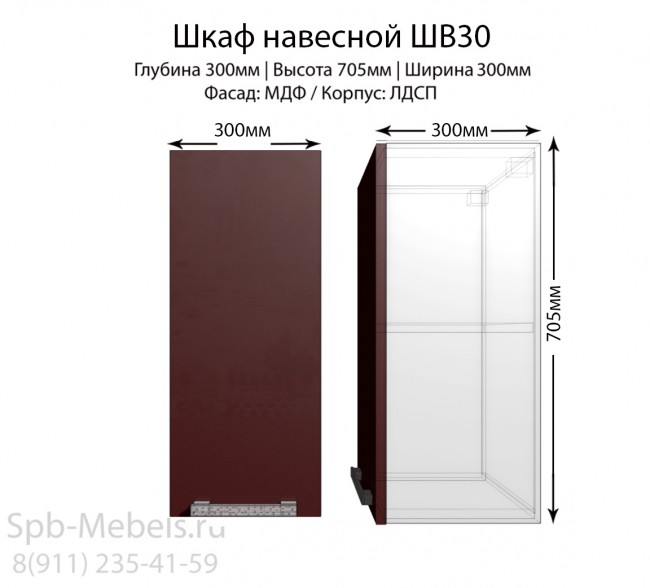 Магазин кухонь навесной модуль ШВ30 Бордо глянец
