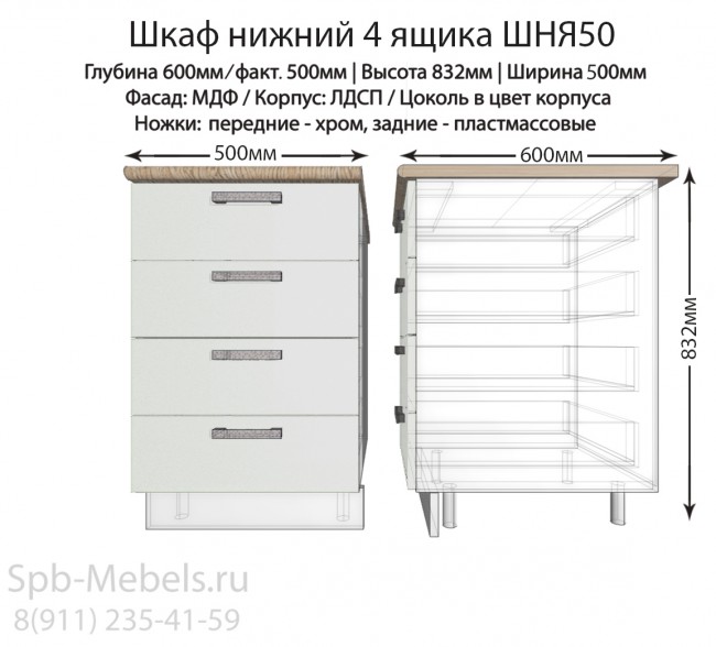 Модуль кухонный с ящиками белый гл 50 см